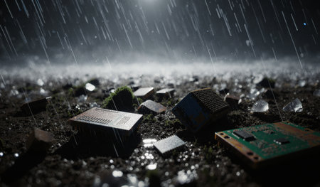 Electronic components lie on the ground as heavy rain pours in a dark setting, creating a moody and atmospheric scene.の写真素材