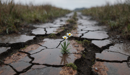 A delicate daisy grows from cracked, dry soil as rain falls around it, showcasing resilience in...
