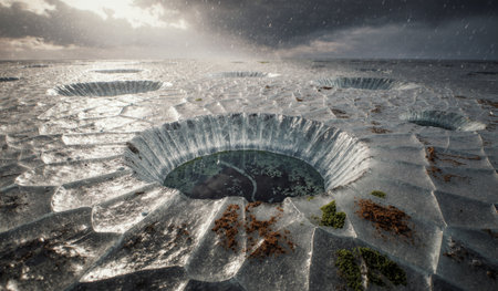 Unique frozen terrain features circular holes filled with water, surrounded by ice and moss during a...