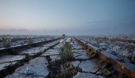 Beautiful wildflowers grow between cracked railway tracks at dawn, surrounded by a soft mist and a...
