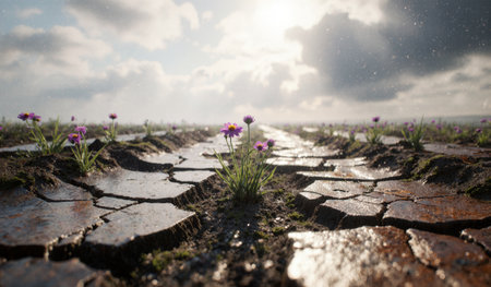 Bright flowers emerge from dry, cracked earth as rain falls softly under an overcast sky, showcasing nature's resilience.の写真素材