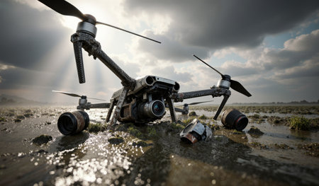 A drone lies on muddy terrain, reflecting sunlight through dark clouds, showing signs of wear and exposure to elements.の写真素材