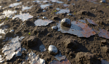 Scattered metal fragments lie on wet soil, reflecting light as they blend into the earthy landscape in a natural setting.の写真素材