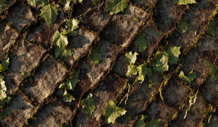 Green leaves rest on a textured stone surface, showing nature reclaiming urban space through growth and resilience.の写真素材