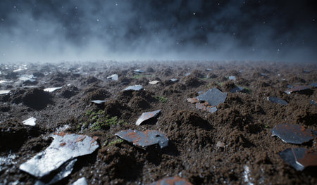 The ground is covered with uneven soil and metal pieces. A thick mist hovers above, creating a mysterious atmosphere at night.の写真素材
