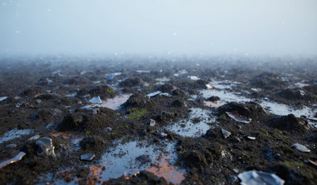 A misty scene with muddy ground showing patches of water and broken glass pieces scattered across the surface.の写真素材