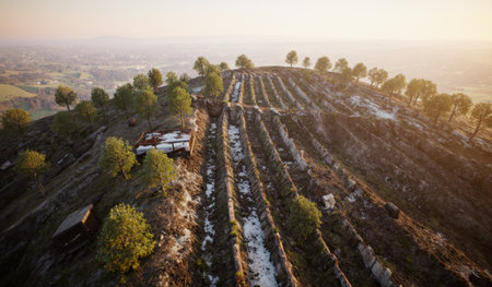 A scenic view of a hillside farm features terraced fields and trees during sunset.の写真素材