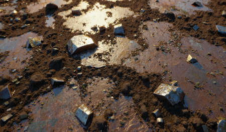 Bright sunlight shines on a surface scattered with small metal fragments and dark soil, creating a unique visual contrast.の写真素材