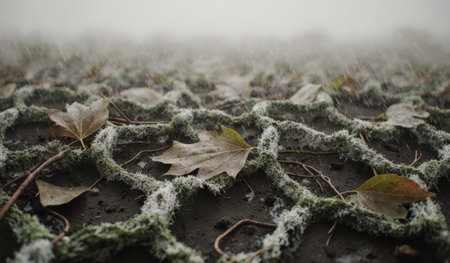 Fallen leaves rest on a frosted surface as winter approaches, creating a serene yet chilly atmosphere in a natural setting.の写真素材