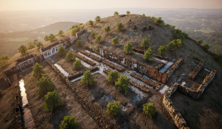 Ancient structures lie in ruins on a hillside surrounded by trees during a warm sunset, revealing history and nature's beauty.の写真素材