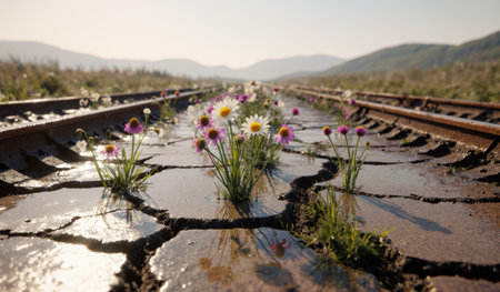 Colorful wildflowers grow in cracks along old railway tracks under clear skies, showcasing nature's beauty in a reclaimed space.の写真素材