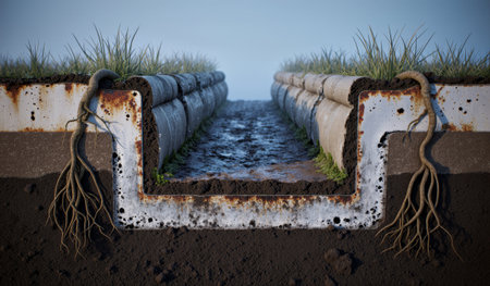 A concrete trench with soil and grass on either side, showcasing nature's growth around urban structures in morning light.の写真素材