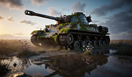 An abandoned tank is surrounded by wildflowers and moss, reflecting the beauty of nature as the...