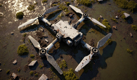 A drone lies on muddy ground surrounded by rocks and moss, showcasing signs of wear and tear in a...