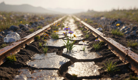 Wildflowers bloom amid cracked earth along abandoned railway tracks under a soft, warm light during the late afternoon.の写真素材