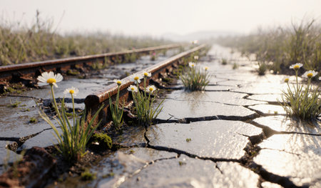 Wildflowers bloom between cracked pavement near rusted train tracks on a foggy morning in a serene landscape.の写真素材
