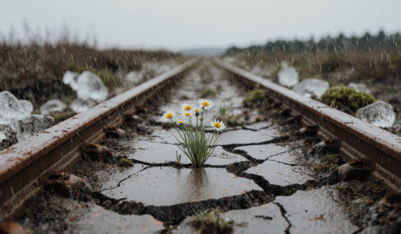 Bright wildflowers emerge from cracked earth along wet railway tracks, showcasing resilience in a rainy landscape.の写真素材