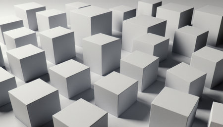 A collection of plain white cubes is scattered across a smooth surface. Soft shadows play on the...