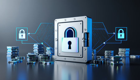 A sturdy vault stands in a futuristic space, surrounded by glowing digital locks and stacks of data...