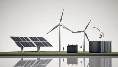 A serene scene showcases solar panels and wind turbines strategically placed on a grassy field....