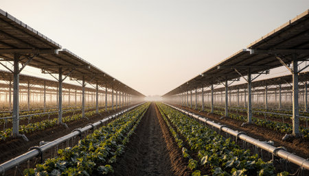 Rows of vibrant vegetables stretch beneath solar panels, bathed in the soft glow of sunrise. The mist gently envelops the landscape, creating a serene and productive agricultural scene.の写真素材