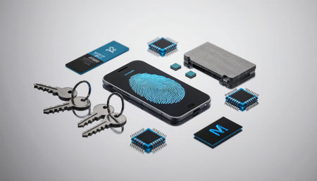 A smartphone with a fingerprint pattern sits surrounded by various computer chips and metal keys,...