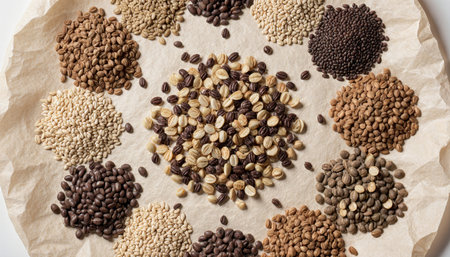 A vibrant display of various grains and seeds showcases their unique shapes and colors.