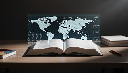 An open book rests on a wooden desk, illuminated softly. A digital map overlays the page,...