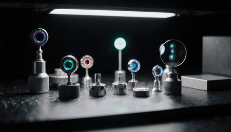 Various lens components sit neatly on a dark work surface, illuminated by a soft light above. Their bright colors and metallic finishes create a striking contrast in this artistic scene.の写真素材