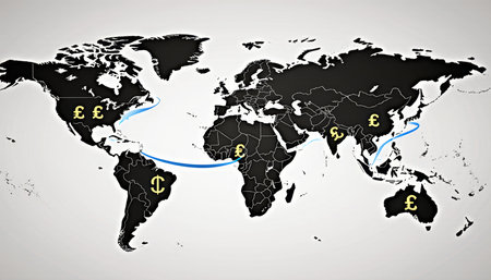 This illustration showcases a world map where different currencies connect continents, highlighting...