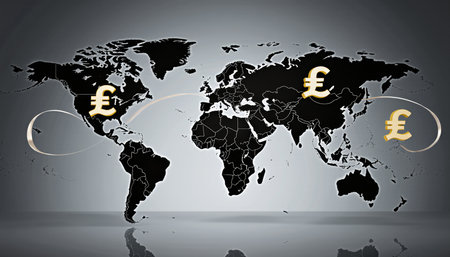 A creative representation illustrates currency symbols moving across a world map, highlighting the connections in global trade. This artwork symbolizes economic relationships between regions.の写真素材