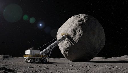 A futuristic mining machine operates on the moon, extracting resources from a large asteroid. Bright...