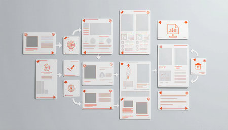 A unique layout displays various digital screens and elements linked by arrows, symbolizing a structured workflow. This setup emphasizes design and organization in project management.の写真素材