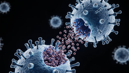 In a vibrant display, two viruses engage in a complex interaction, sharing genetic material. This scene captures a moment of cellular life in an extraordinary microscopic environment.の写真素材