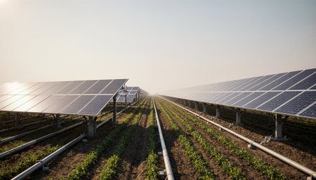 Rows of solar panels stretch across a vibrant green field at dawn. The early sunlight glimmers on the panels, showcasing an eco-friendly approach to farming and energy production.の写真素材
