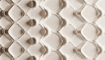 A modern wall showcases an intricate design with repeating geometric shapes in soft beige tones. The...