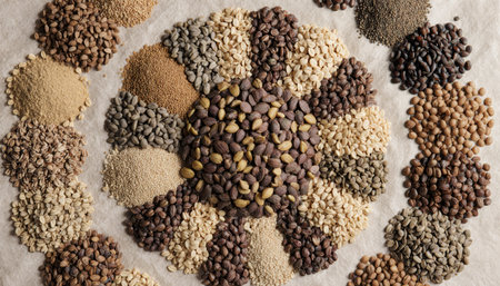 An artistic display of various grains and seeds is arranged in a beautiful floral pattern. Each type is showcased in distinct colors and textures, inviting exploration for cooking and baking.の写真素材