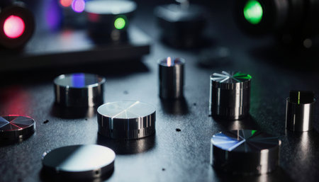A variety of shiny metal knobs and dials are showcased on a dark surface. Colorful lights reflect off the surfaces, creating an atmosphere of creativity and innovation in a contemporary workspace.の写真素材