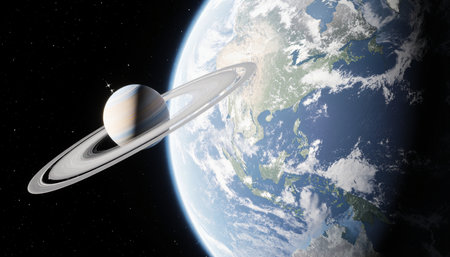 In a breathtaking scene, Saturn showcases its magnificent rings while Earth gleams with its blue...