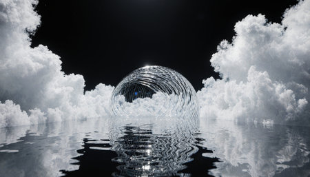 A mesmerizing glass sphere floats serenely above a still body of water. Enveloping clouds create a...