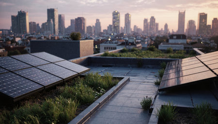 A rooftop garden features solar panels, overlooking a vibrant city skyline at sunset. Greenery...