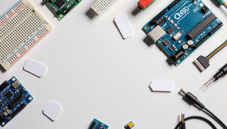 Small electronic components and circuit boards are spread out on a bright workspace. Various tools and boards offer endless possibilities for innovation and building projects throughout the day.の写真素材