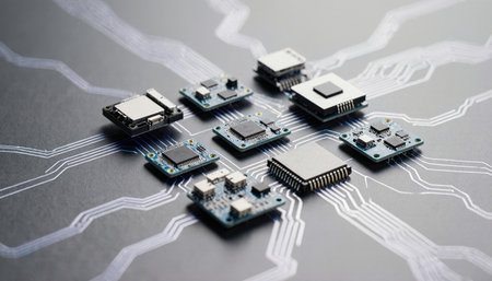 Various computer chips are skillfully placed on a circuit board design. Their intricate connections...