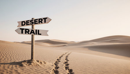 Footprints stretch across the soft sand as a weathered sign points the way to the desert trail. Warm sunlight bathes the tranquil scene, highlighting the beauty of the vast expanse.の写真素材