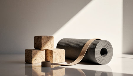 Natural light streams through, illuminating a clean space with yoga blocks and a rolled mat placed neatly on a surface, ready for a peaceful practice.の写真素材
