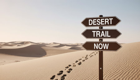 Footprints lead across smooth sand dunes in an open desert. A sign post offers directions with words like Desert, Trail, and Now. The sun casts gentle shadows in this serene landscape.の写真素材