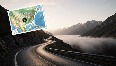 A beautiful curving road nestled in the mountains with fog in the valley below. A map overlay highlights the eastern regions, inviting adventure.の写真素材