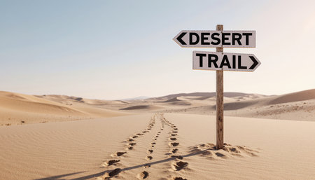 A weathered signpost stands tall among endless sand dunes, pointing towards the desert trail. Footprints lead into the golden expanse, inviting wanderers to explore the arid landscape.の写真素材