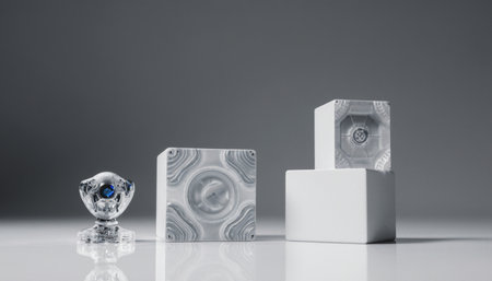 Delicate glass and ceramic objects are displayed artistically on a clean surface, showcasing their...