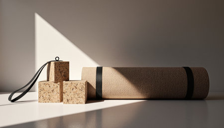Soft sunlight filters through, highlighting a yoga mat rolled beside cork blocks. The scene invites a peaceful meditation, perfect for morning stretches and mindful practice.の写真素材